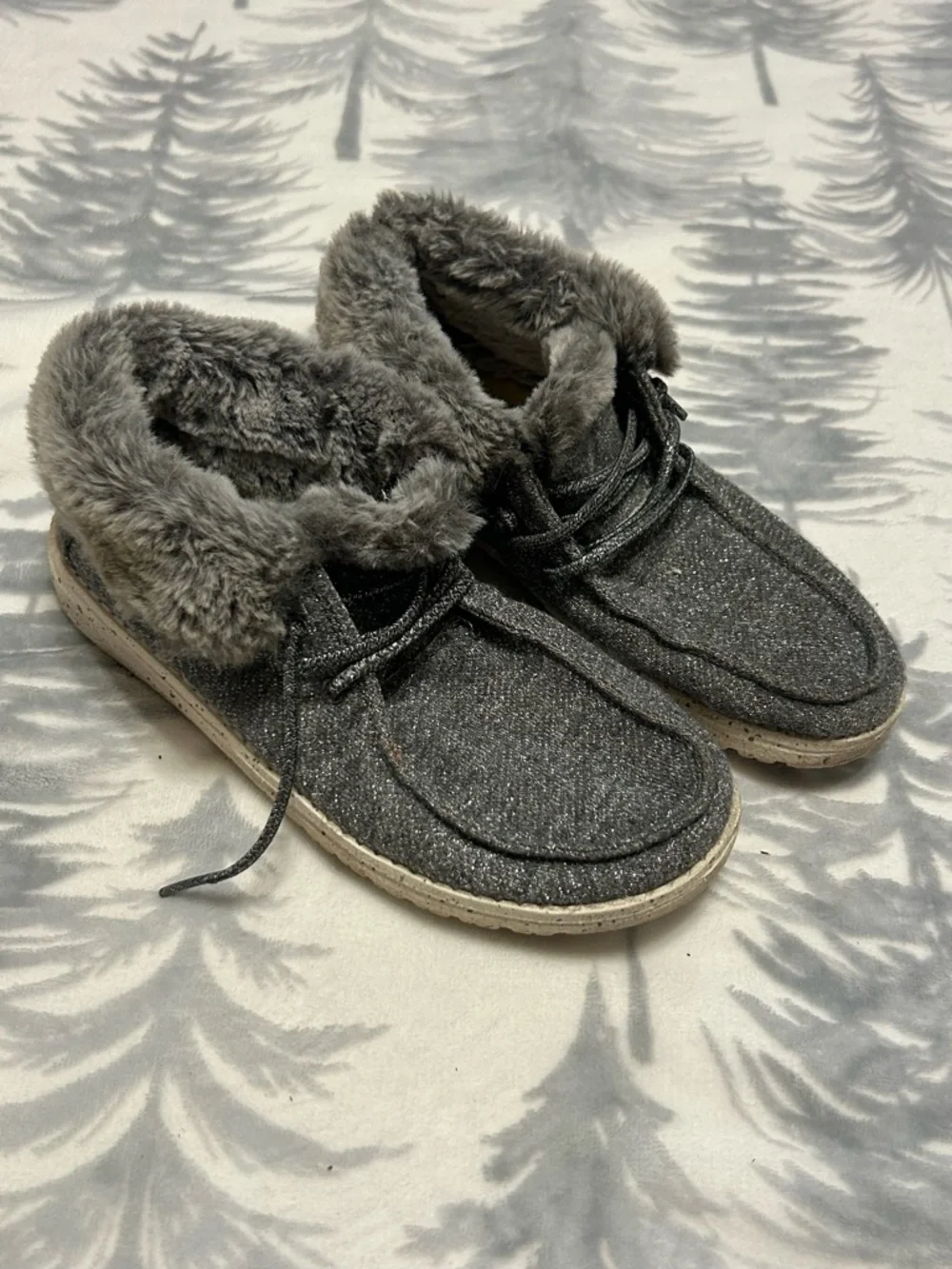 Hey Dude Youth Gray Faux-Fur Lined Slip-On Moccasins